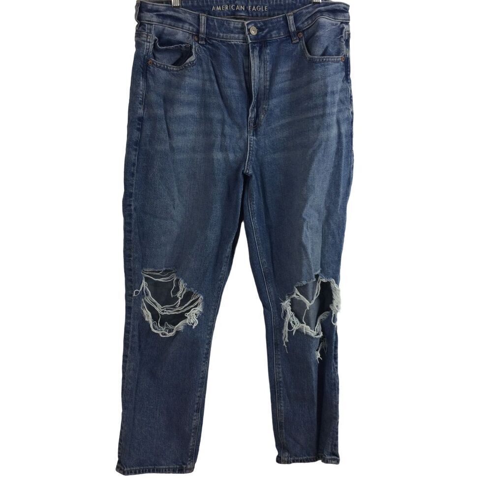American Eagle Womens Strigid Ripped Knees Mom Denim Jeans Blue Size 14 Short